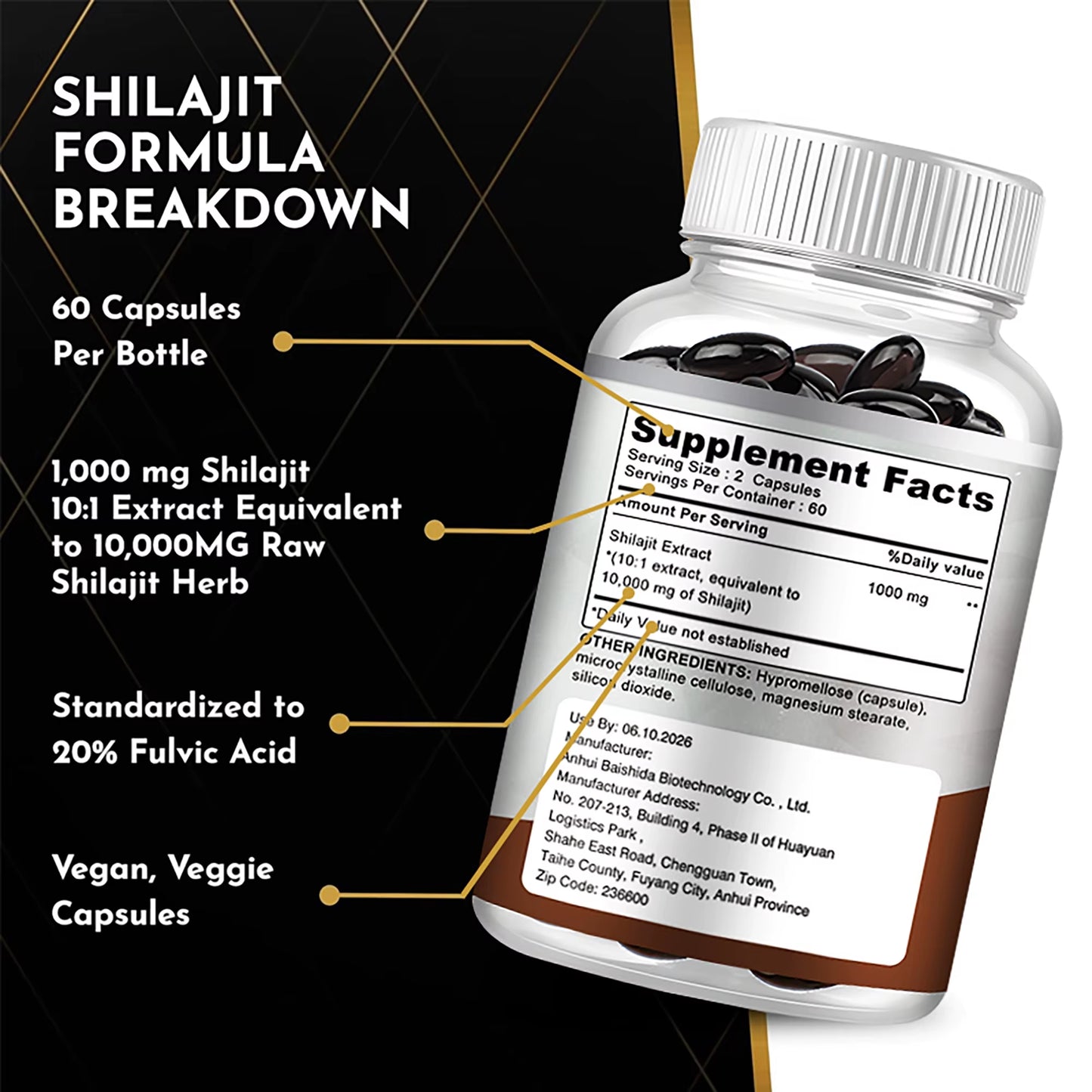 Shilajit Extract Capsules – 10:1 Concentrate for Energy, Focus, Immunity & Detox (120 Count)