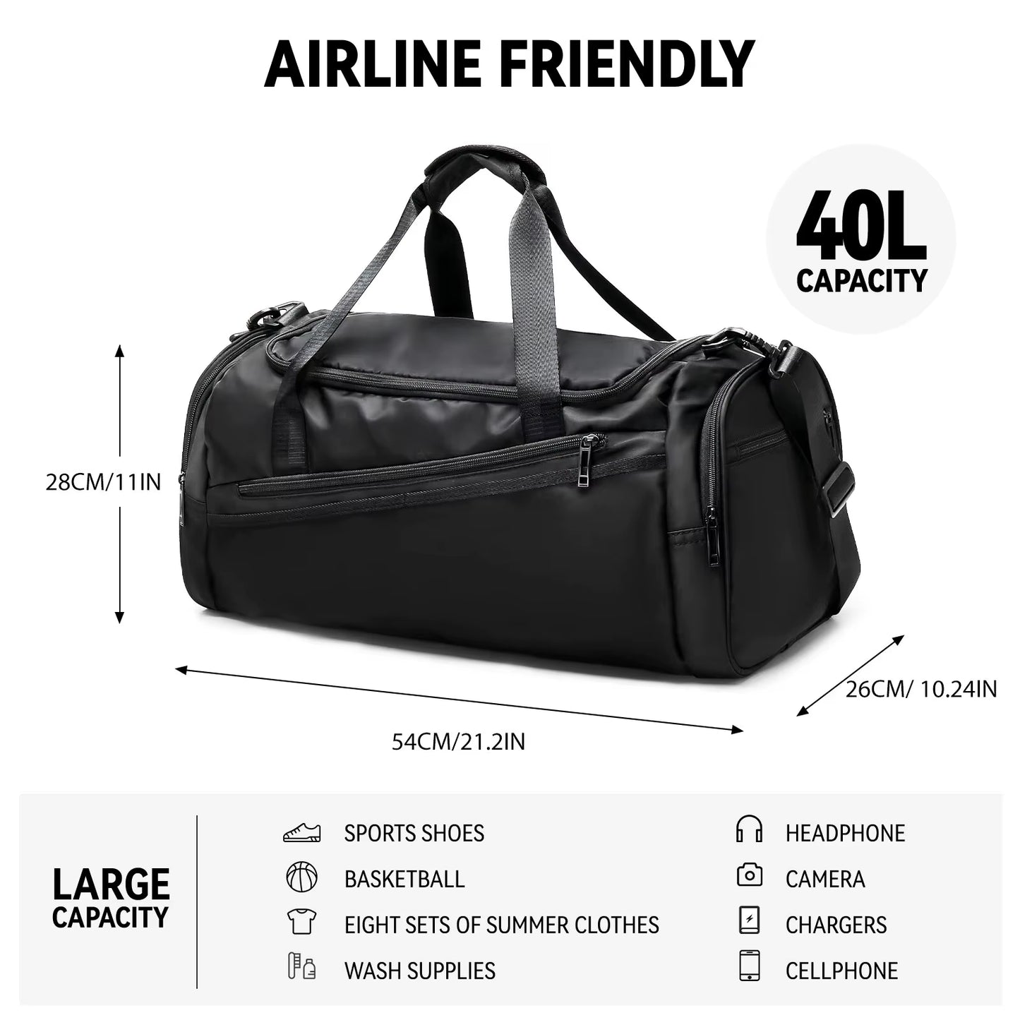 40L Foldable Gym Bag – Lightweight Travel Duffel with Shoe Compartment