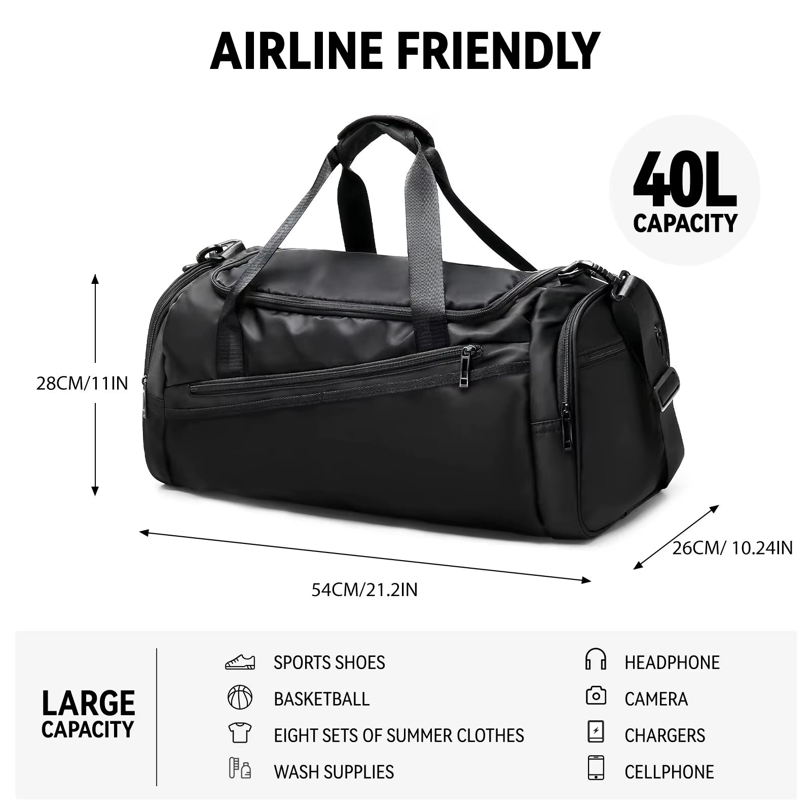 40L Foldable Gym Bag – Lightweight Travel Duffel with Shoe Compartment