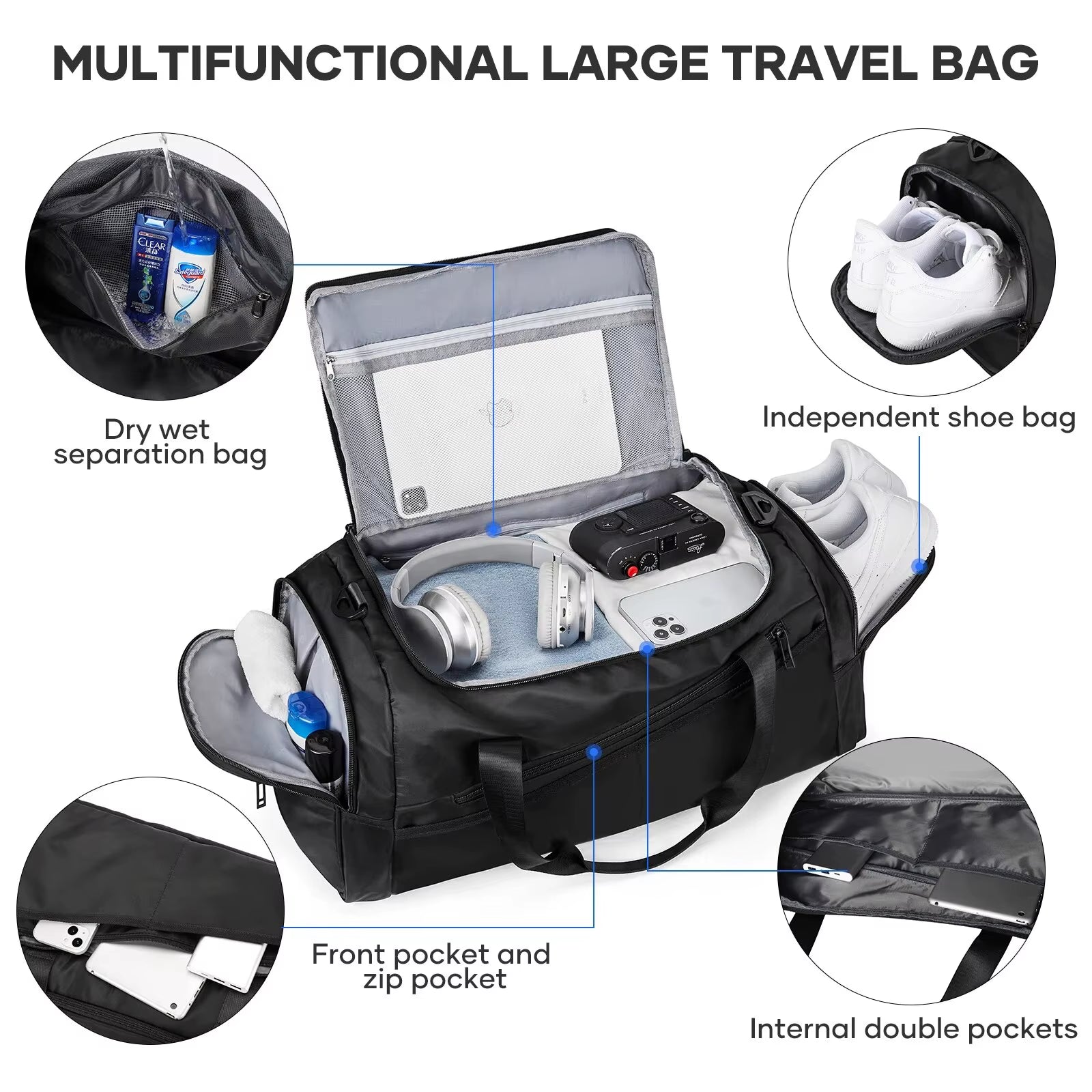 40L Foldable Gym Bag – Lightweight Travel Duffel with Shoe Compartment