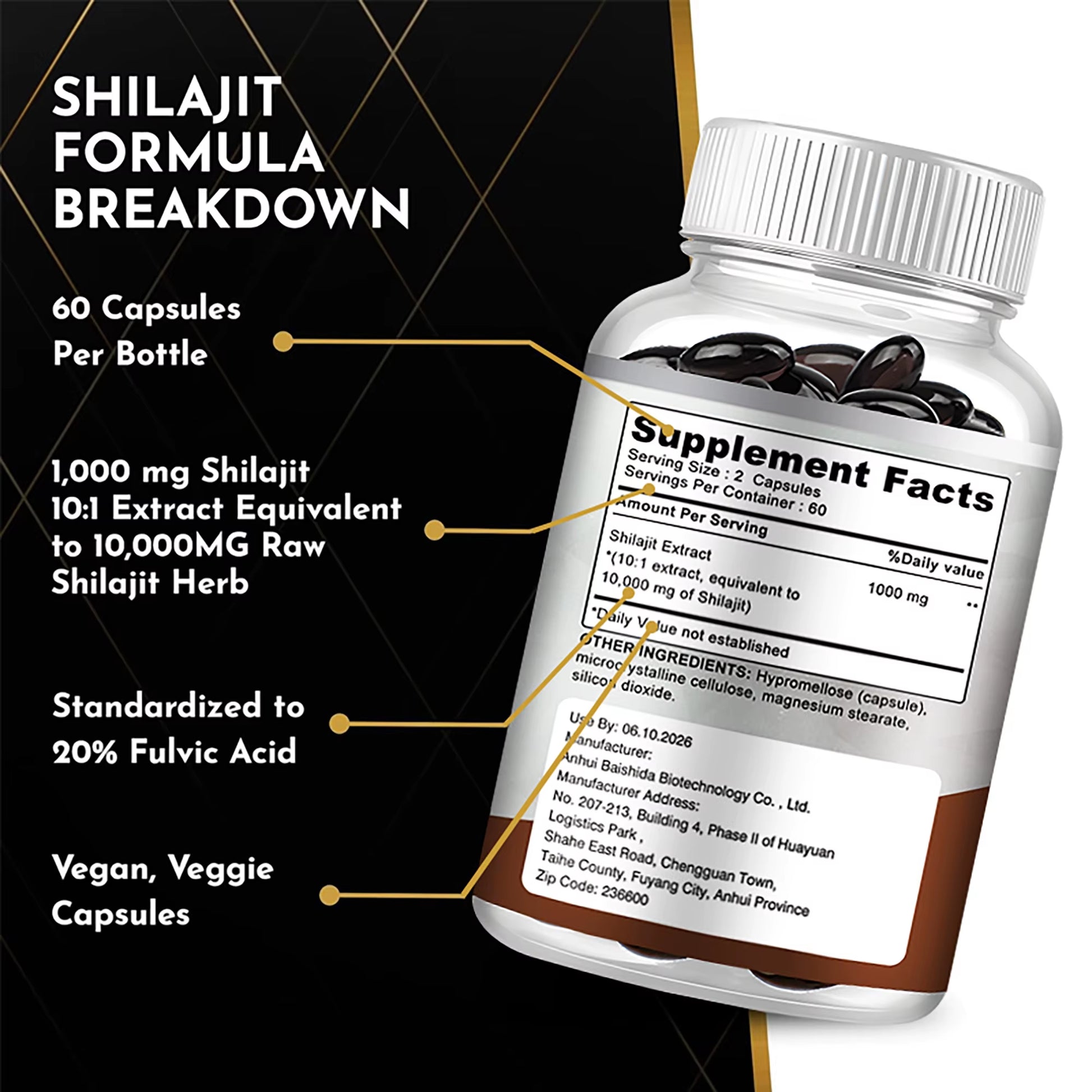 Shilajit Extract Capsules – 10:1 Concentrate for Energy, Focus, Immunity & Detox (120 Count)